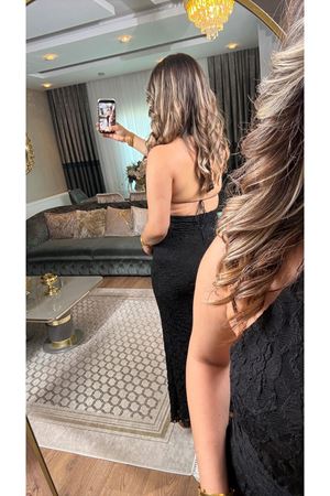 miss cix içi astarlı dantel işlemeli tokalı elbise-siyah