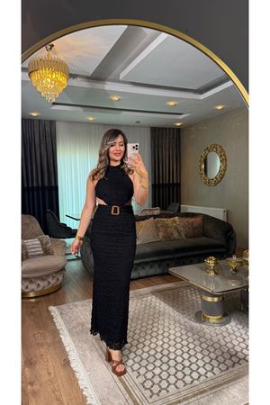 miss cix içi astarlı dantel işlemeli tokalı elbise-siyah