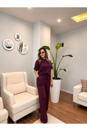 oysho taşlı basic kadın ikili takım-bordo