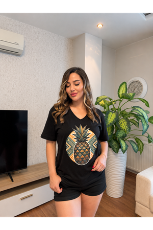 v yaka ananas baskılı kadın tişört- siyah