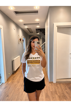 gold pullu yazılı nakışlı tişört-beyaz