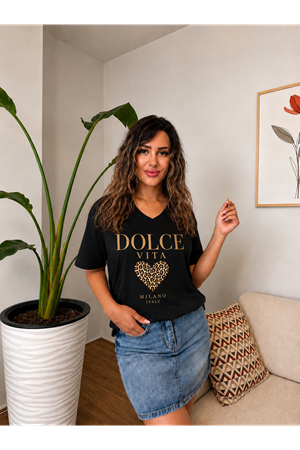 dolce vita leopar kalp baskılı kadın tişört-siyah