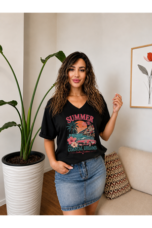 summer coastal dreams baskılı kadın tişört-siyah