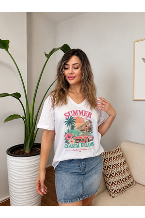 summer coastal dreams baskılı kadın tişört-beyaz