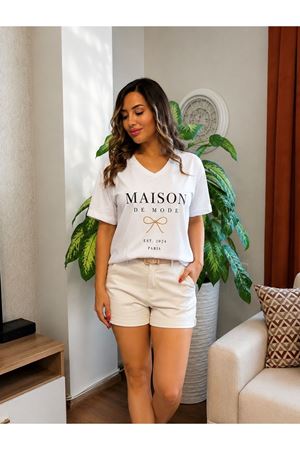 maıson de mode baskılı kadın tişört-beyaz