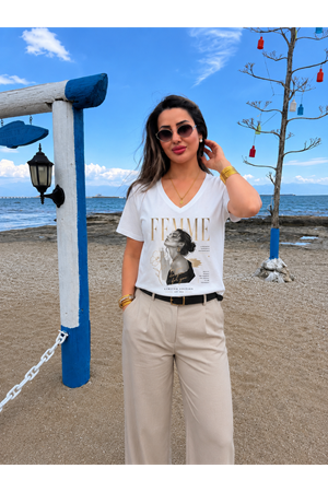 femme kız baskılı kadın tişört-beyaz