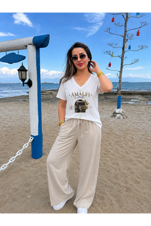 amalfi coast limon dalı baskılı kadın tişört-beyaz