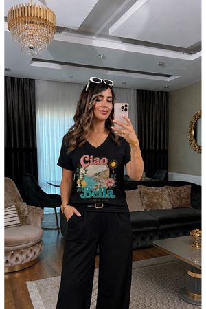 ciao bella baskılı kadın tişört-siyah