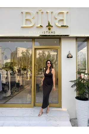 Dilvin halter yaka midi elbise- koyu kahve