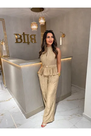 halter yaka gold düğmeli ikili takım-vizon