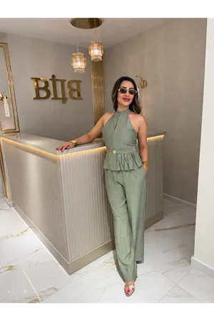 halter yaka gold düğmeli ikili takım-haki