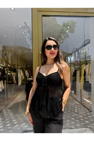 Dilvin askılı dantel top-siyah