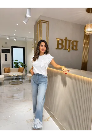 qustyle taşlı paçası güpür işlemeli kot pantolon-mavi -