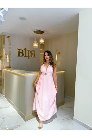 qstyle istiridye tokalı elbise-pudra