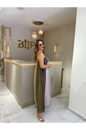 qstyle askılı elbise-kahvebeyaz