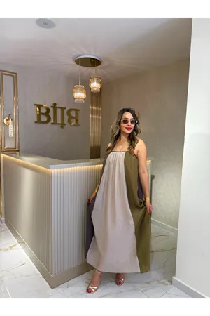 qstyle askılı elbise-kahvebeyaz