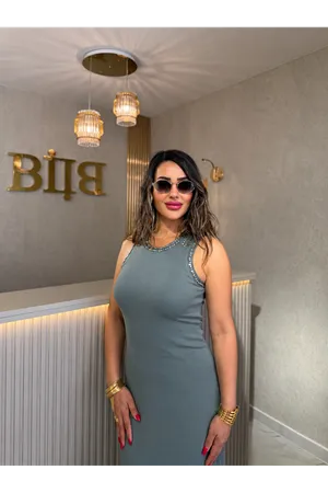 qustyle omuz taşlı elbise-yeşil