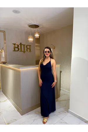 dilvin boncuk detaylı askılı elbise-lacivert