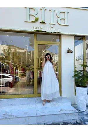 msperry güpür detay yaka bağcıklı elbise-ekru