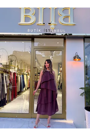 msperry yaka işleme katlı elbise-mürdüm