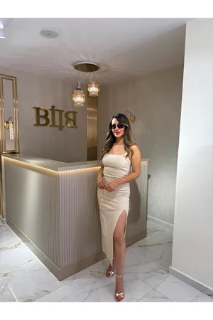 dilvin kare yaka midi elbise-bej