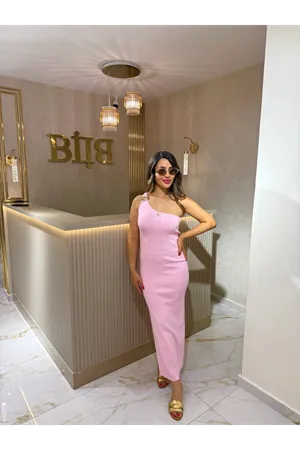 dilvin aksesuar detaylı midi triko elbise-pembe