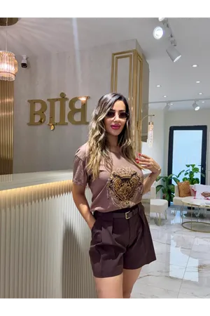 taç kalp leopar baskılı tişört-kahve