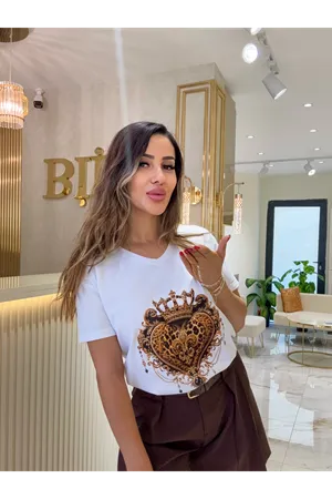 taç kalp leopar baskılı tişört-beyaz