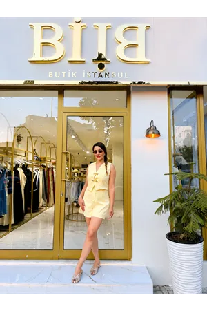 qustyle ham keten gold düğmeli takım-sarı