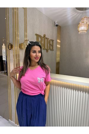 minimal kelebek baskı tişört-pembe