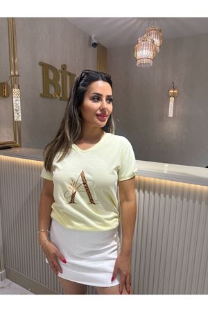 Leopar A Harf Baskı Tişört-Sarı