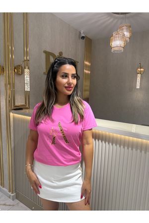 Leopar A Harf Baskı Tişört-Pembe