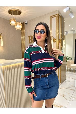 qustyle çizgili yakalı sweat tişört-lacivert