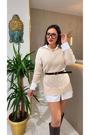 qustyle gömlek yaka triko elbise-krem