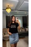 miu miu taş işlemeli tişört-siyah