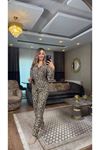 leopar düğmeli süet pijama takımı