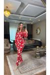 love düğmeli süet pijama takımı-kırmızı