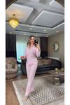 çizgili düğmeli süet pijama takımı-pembe
