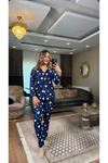 kalpli düğmeli süet pijama takımı-lacivert