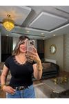 v yaka dantelli tişört-siyah