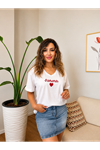 v yaka amour(aşk) baskılı kadın tişört-beyaz