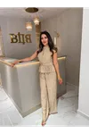 halter yaka gold düğmeli ikili takım-vizon