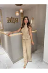 halter yaka gold düğmeli ikili takım-vizon
