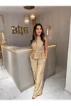 halter yaka gold düğmeli ikili takım-vizon