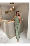 halter yaka gold düğmeli ikili takım-haki