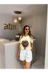 taç kalp leopar baskılı tişört-sarı