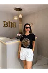 taç kalp leopar baskılı tişört-siyah