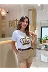 kral taç baskılı kadın tişört-beyaz