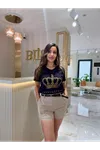 kral taç baskılı kadın tişört-siyah