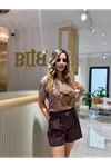 taç kalp leopar baskılı tişört-kahve